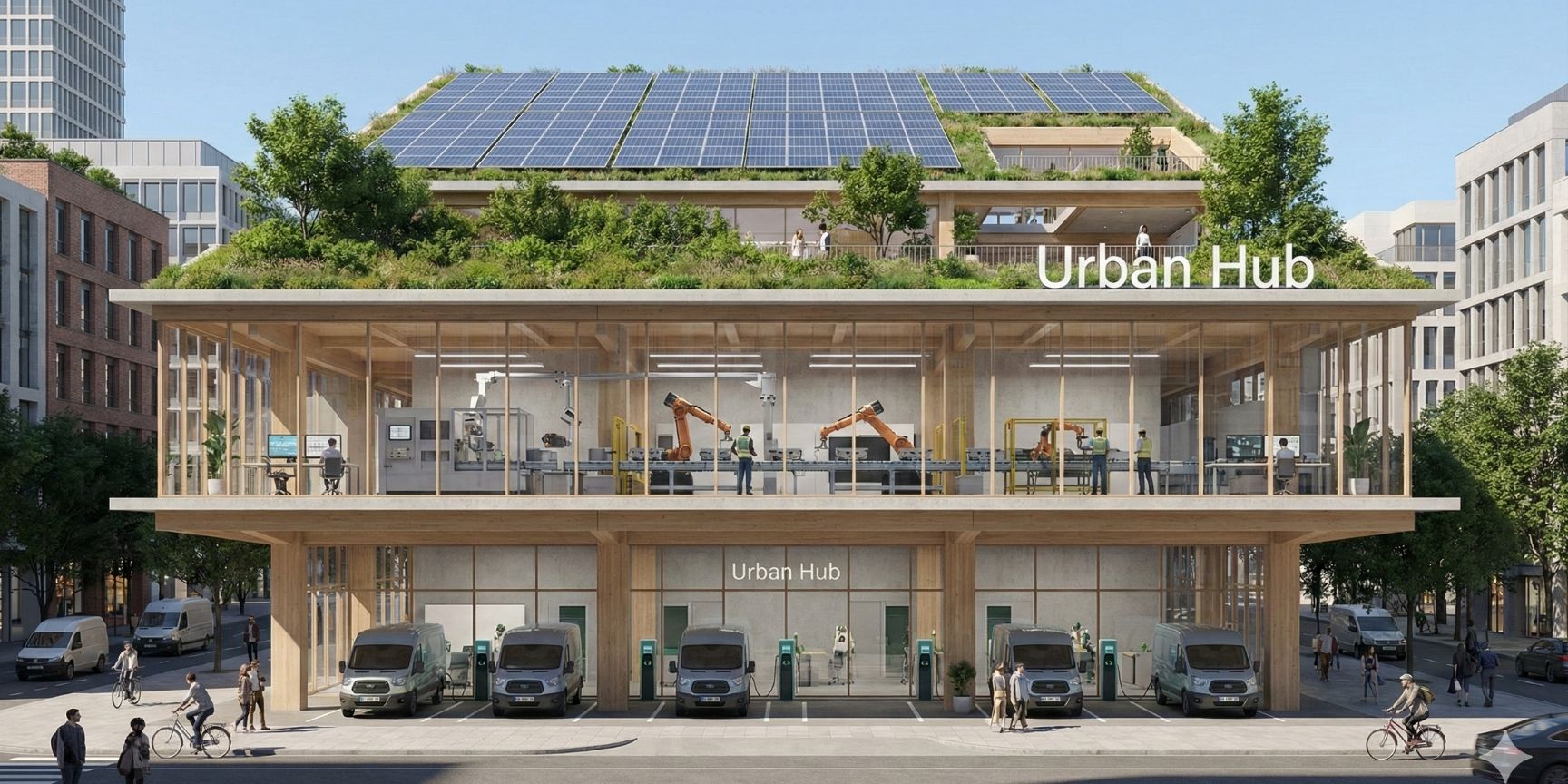 Ein hochwertiges 3D-Rendering eines modernen, mehrstöckigen urbanen Gewerbezentrums mit E-Ladesäulen für Transporter im Erdgeschoss, einer automatisierten Produktionslinie hinter Glas im Obergeschoss und einer Photovoltaikanlage mit Dachbegrünung.