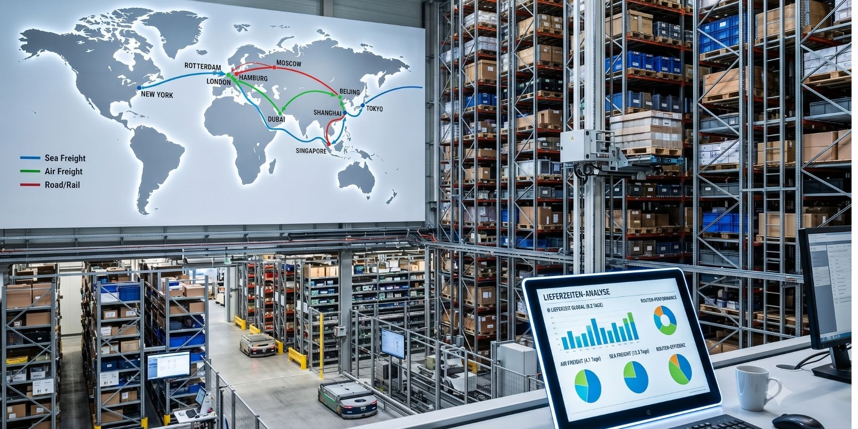 A state-of-the-art automated high-bay warehouse with automated guided vehicles, a world map showing global supply chain routes in the background, and a laptop displaying lead time analytics in the foreground. A state-of-the-art automated high-bay warehouse with automated guided vehicles, a world map showing global supply chain routes in the background, and a laptop displaying lead time analytics in the foreground.
