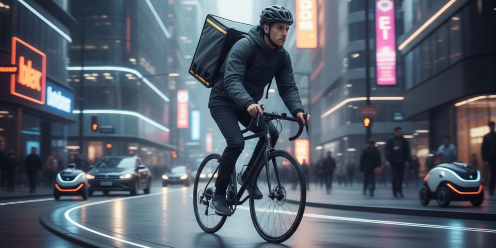 Fahrradkurier liefert im Rahmen des Q-Commerce eine Bestellung in einer urbanen Umgebung aus, was die Geschwindigkeit der Last-Mile-Logistik symbolisiert.