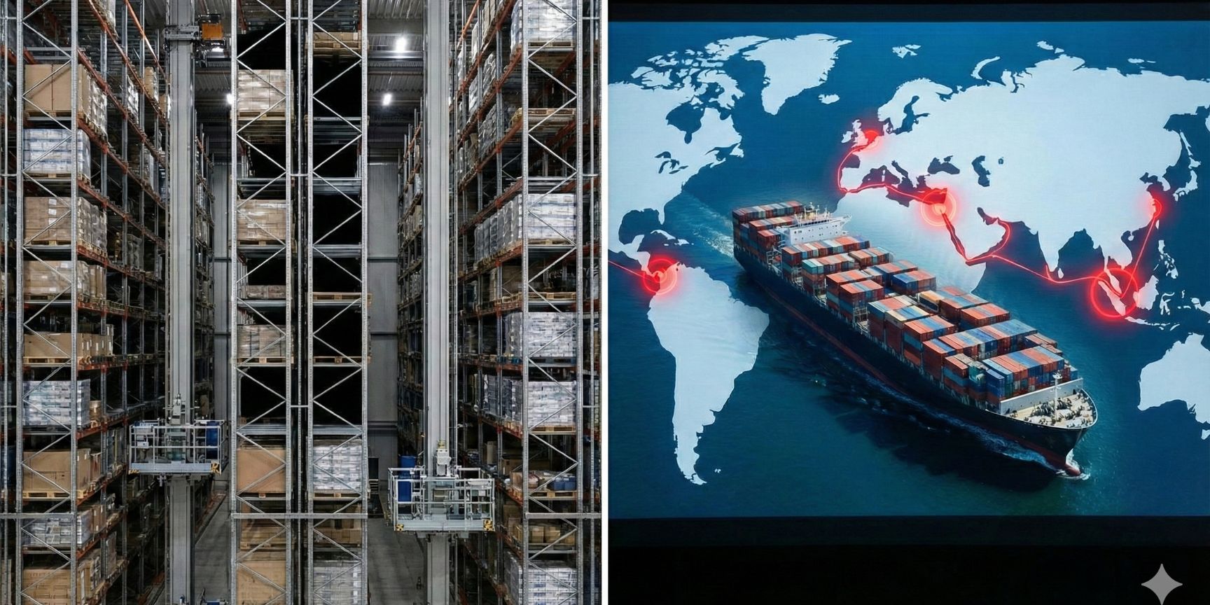 Hochregallager mit Fehlteilen und globale Lieferkettenkarte, die Materialengpässe symbolisiert
