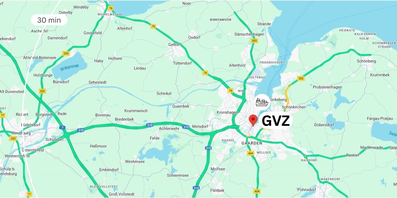 Karte von Kiel: Straßennetz, Autobahnen und Flughafen Kiel mit Anbindungen