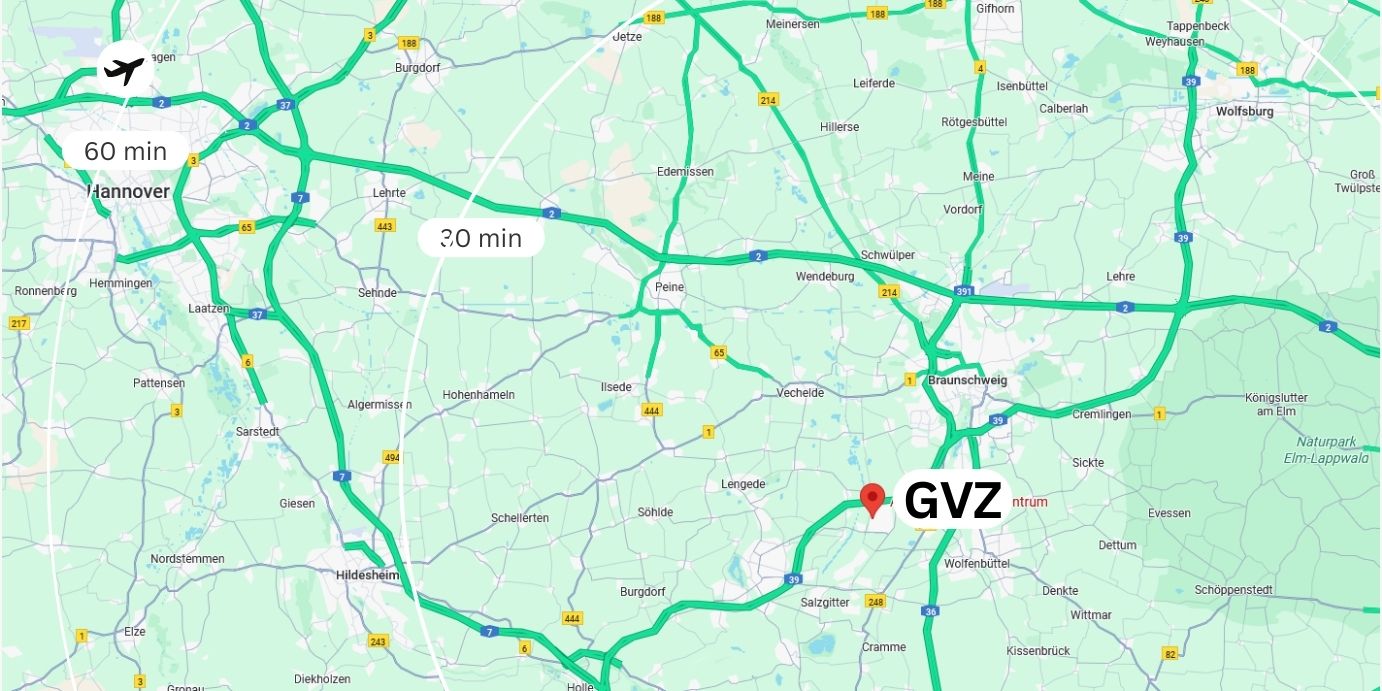 Karte von Salzgitter: Straßennetz, Autobahnen und Flughafen Salzgitter mit Anbindungen