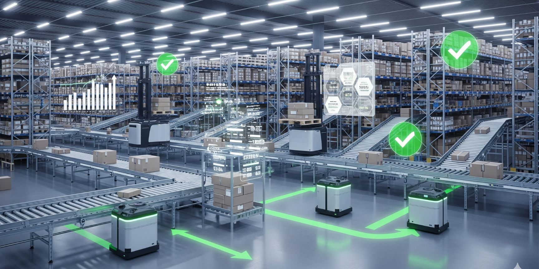 Modernes, automatisiertes Lagerinterieur mit Robotern und Förderbändern, das digitale Überlagerungen von Diagrammen, Dashboards, Pfeilen und Häkchen zeigt und so schlanke Lagerhaltung, Effizienz und optimierte Logistik symbolisiert.