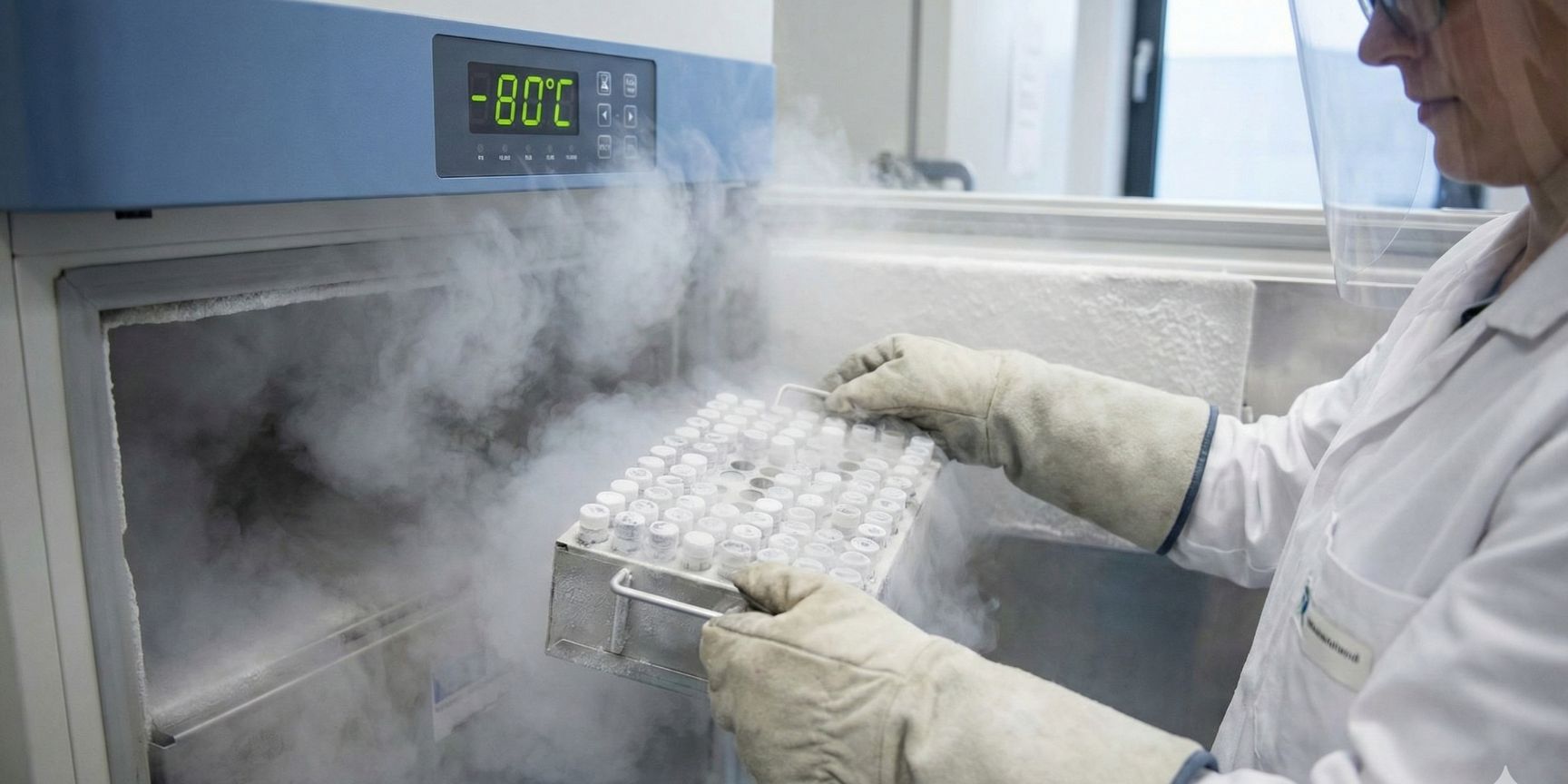 Fachkraft entnimmt Proben aus einem -80°C Ultra-Tiefkühlschrank in einem Pharmalager.