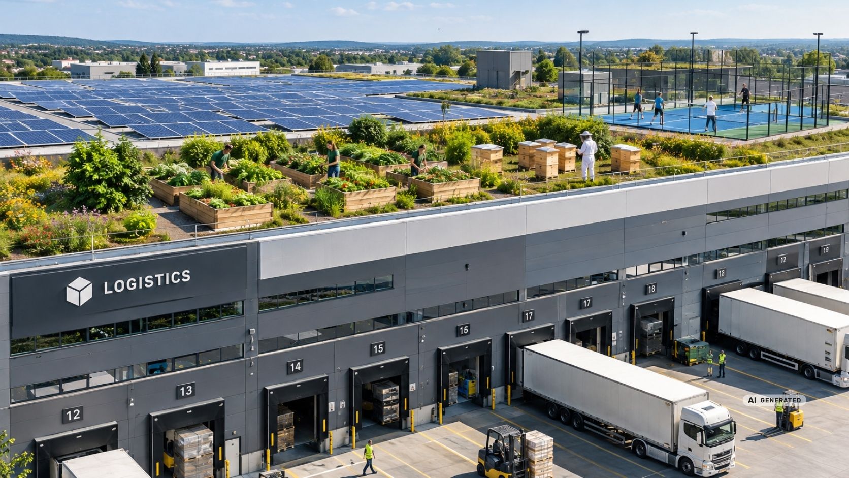 Modern logistics warehouse with solar panels, rooftop gardens, beehives and a padel tennis court Modern logistics warehouse with solar panels, rooftop gardens, beehives and a padel tennis court