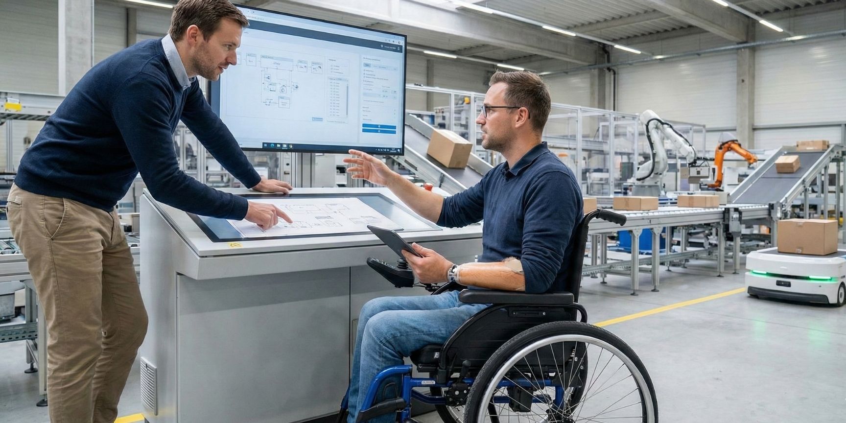 Inklusion am Arbeitsplatz: Fachkraft mit Behinderung steuert Prozesse in einem modernen Logistiklager.