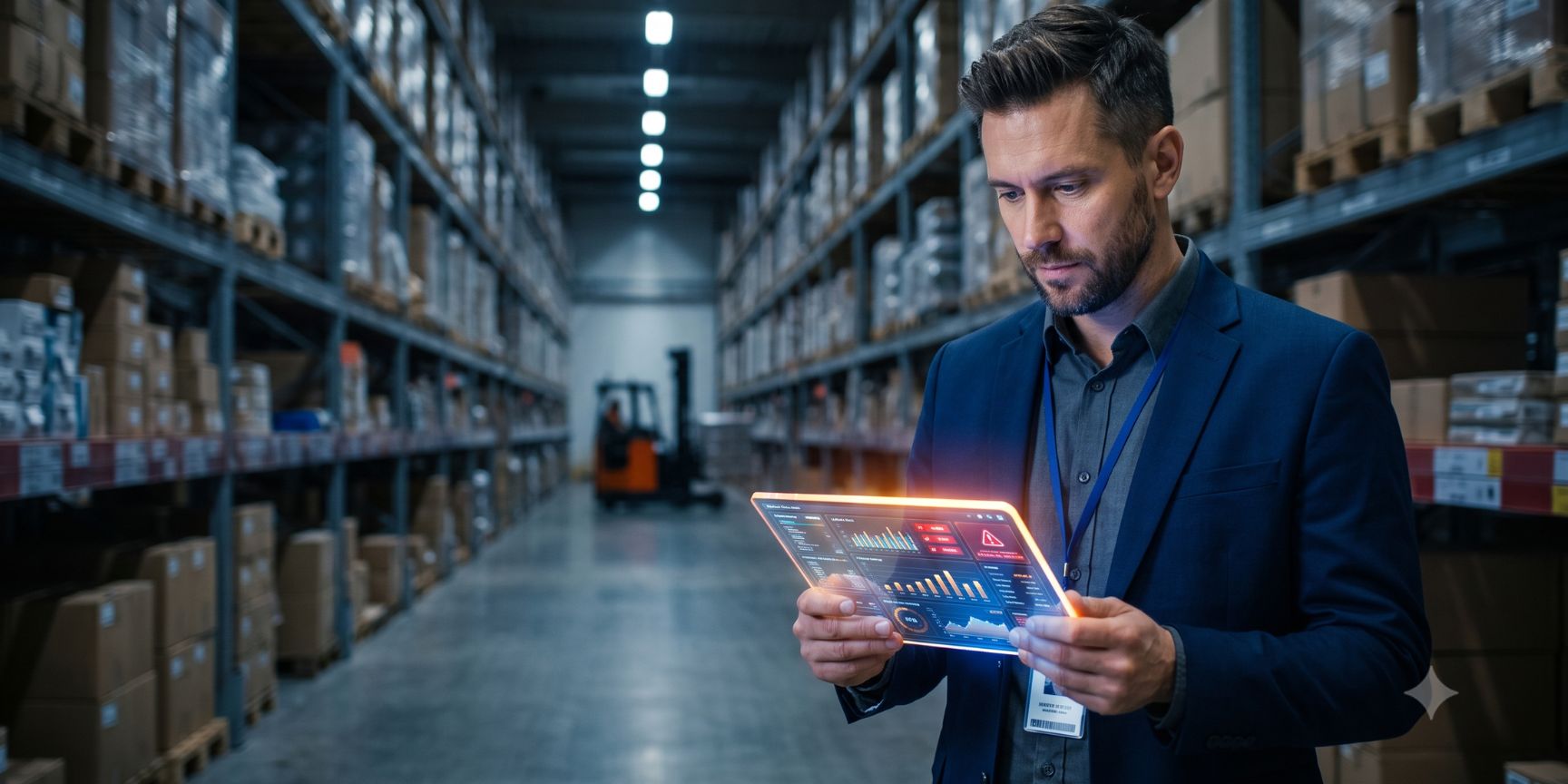 A supply chain manager analyzes glowing data charts and red warning indicators on a tablet in the foreground of a dark logistics warehouse to uncover hidden costs.
