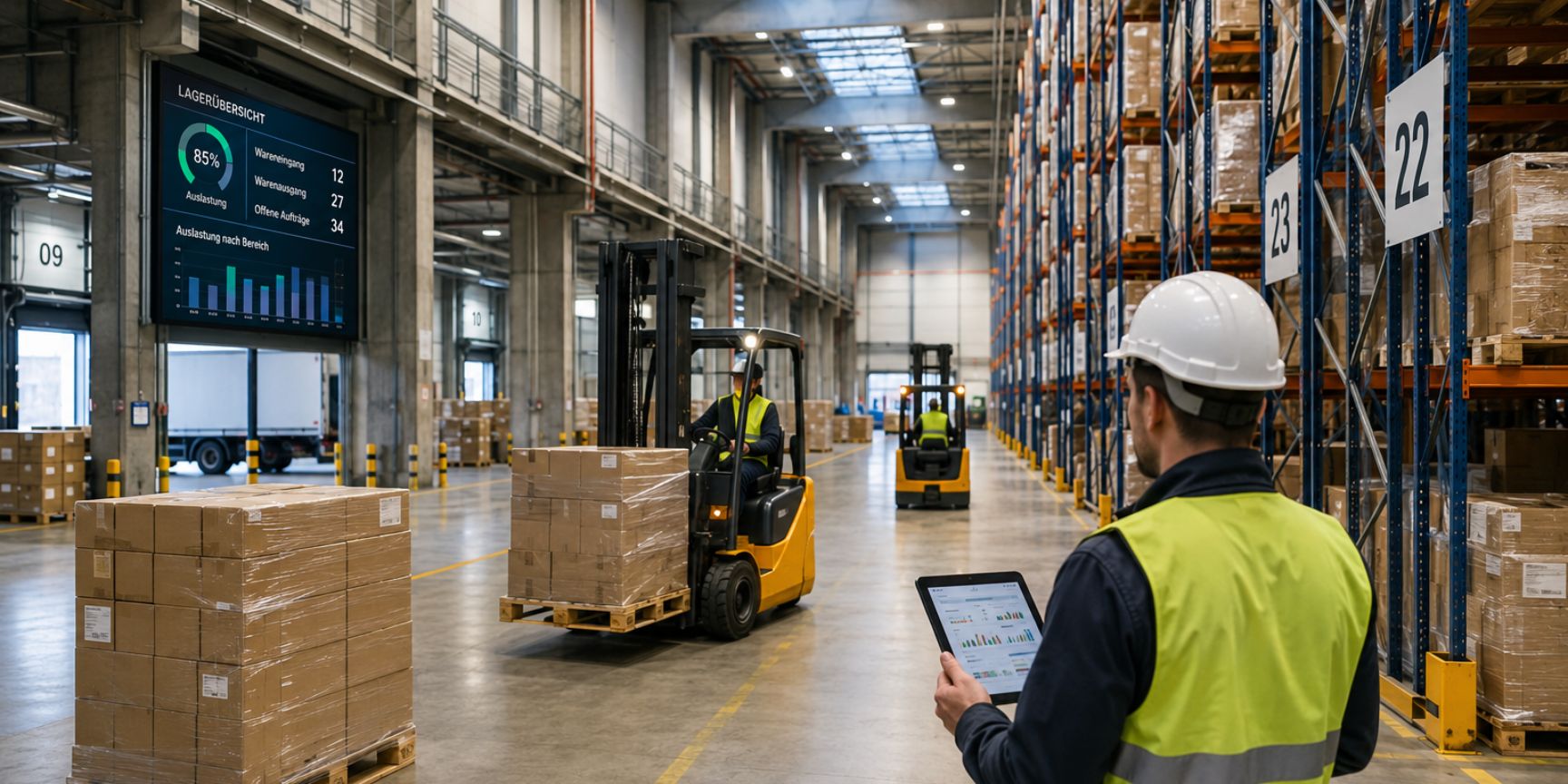Modern high-bay warehouse with forklifts, euro pallets and digital warehouse management Modern high-bay warehouse with forklifts, euro pallets and digital warehouse management