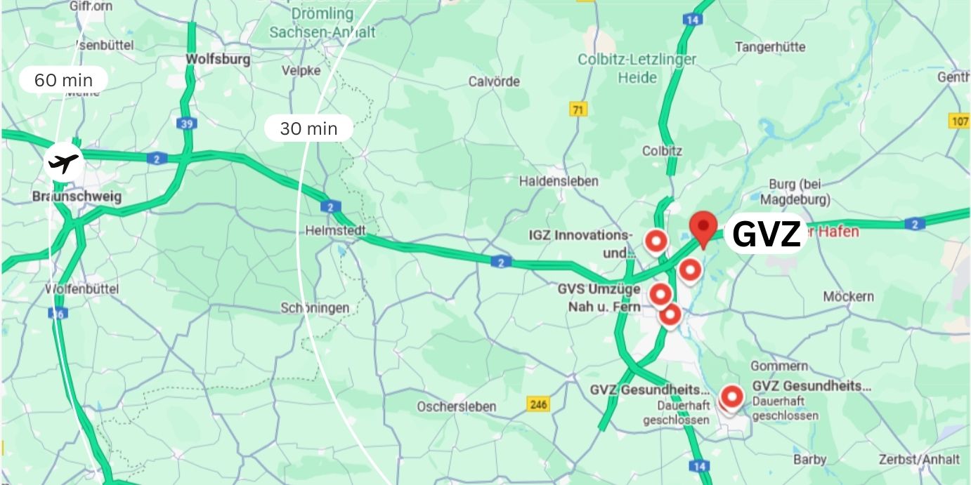 Karte von Magdeburg: Straßennetz, Autobahnen und Flughafen Magdeburg mit Anbindungen